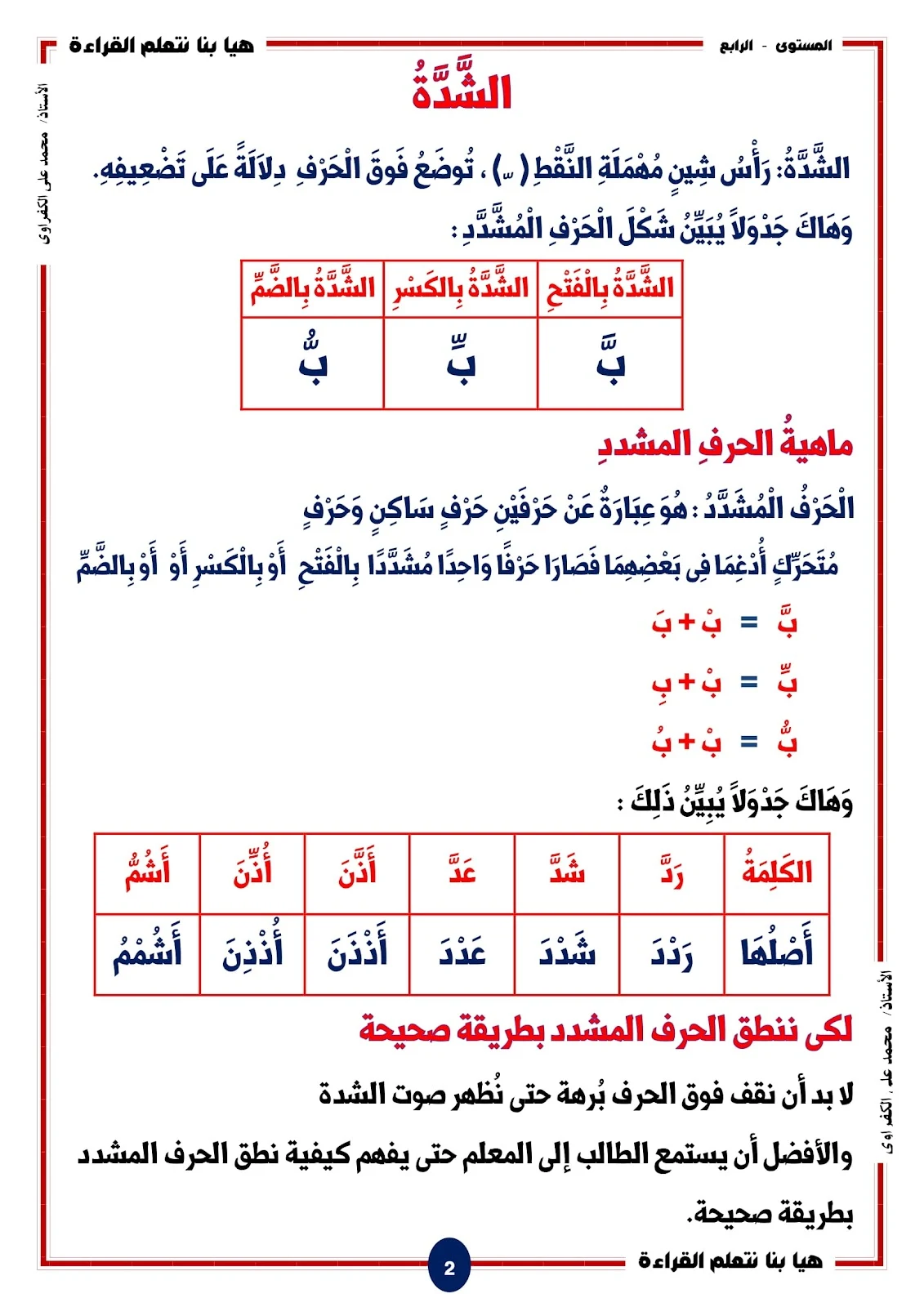 هيا بنا نتعلم القراءة والكتابة المستوى الرابع اصوات الحروف المشددة pdf