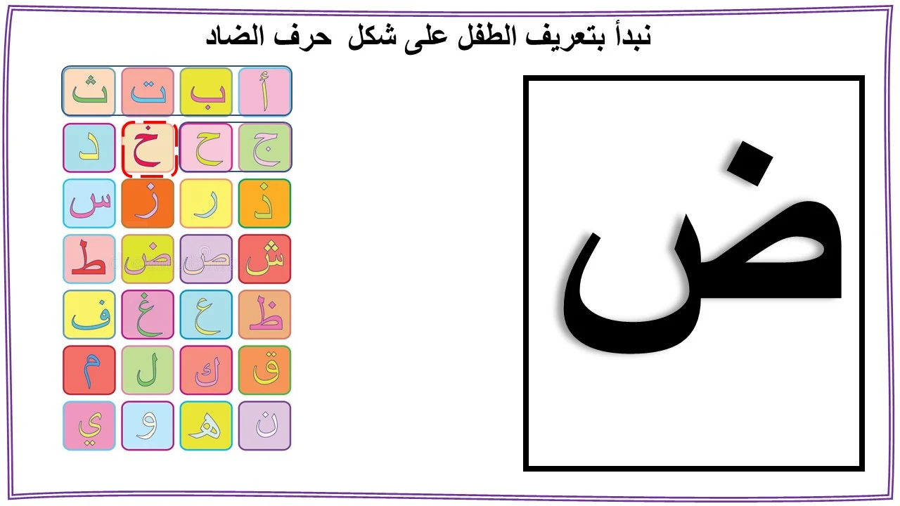 تعليم حرف الضاد للاطفال بنفسك (ض)- مع قصة الحرف والتدريبات والكلمات والالعاب واوراق العمل لتأكيد الحرف