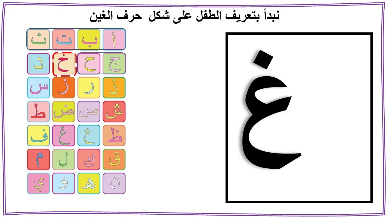 تعليم حرف الغين للاطفال بنفسك (غ)- مع قصة الحرف والتدريبات والكلمات والالعاب واوراق العمل لتأكيد الحرف تعليم حرف الغين للاطفال بنفسك (غ)- مع قصة الحرف والتدريبات والكلمات والالعاب واوراق العمل لتأكيد الحرف