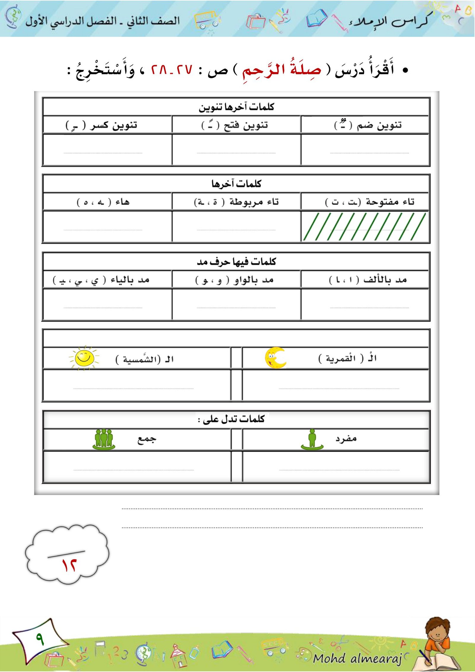 أوراق عمل وأنشطة في الإملاء لتعليم اللغة العربية للأطفال في الصف الثاني الابتدائي PDF تحميل مجاني ومباشر