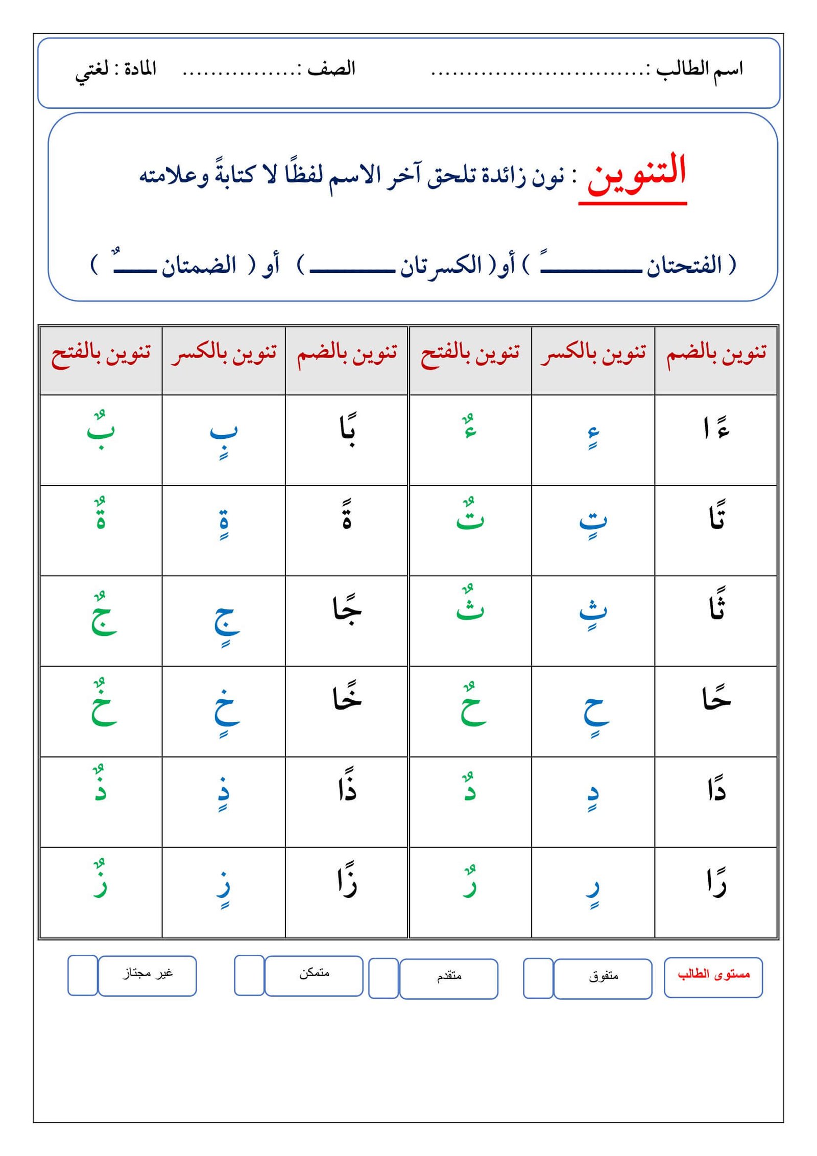 أوراق عمل التنوين بأنواعه تنوين الفتح والضم والكسر ناصر مختار PDF