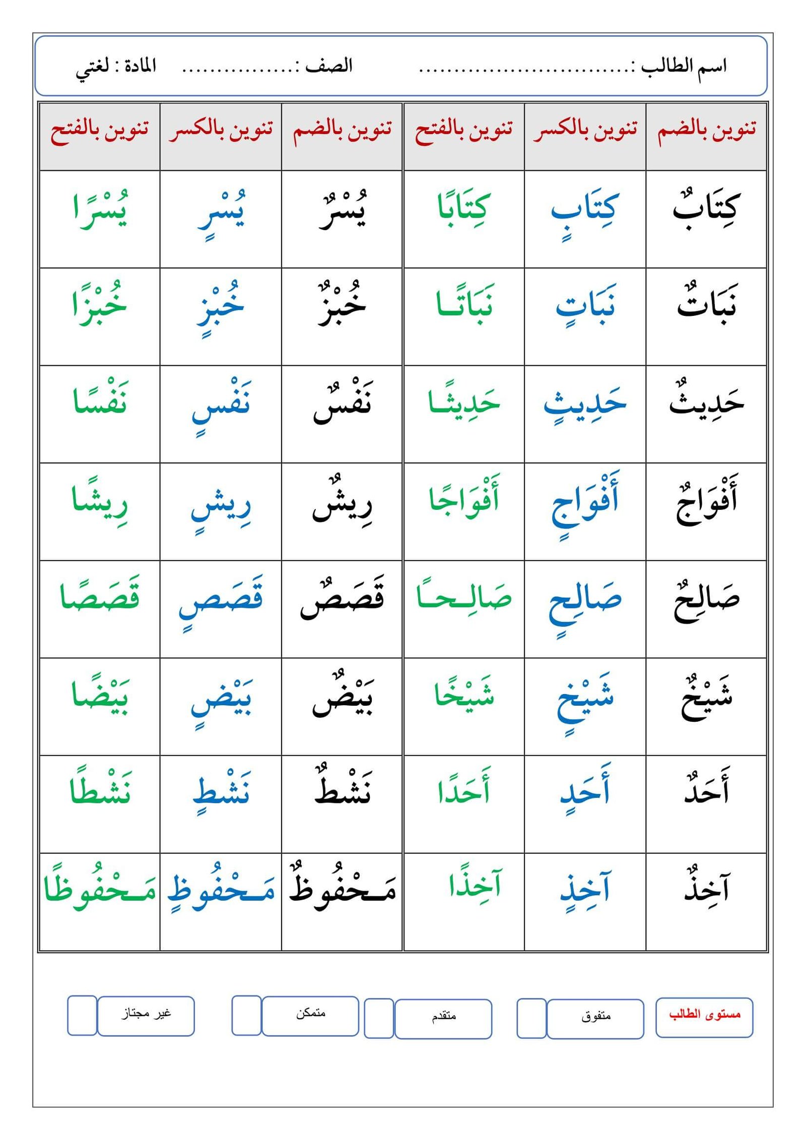أوراق عمل التنوين بأنواعه تنوين الفتح والضم والكسر ناصر مختار PDF