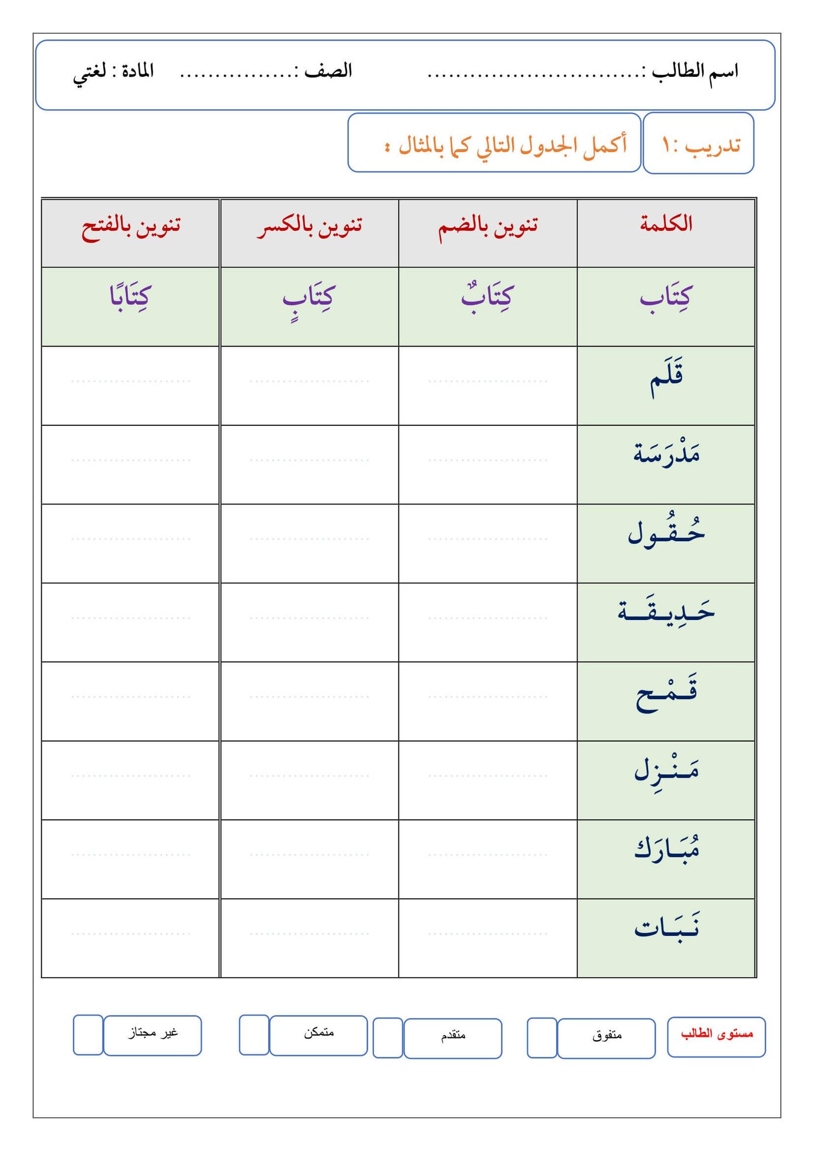 أوراق عمل التنوين بأنواعه تنوين الفتح والضم والكسر ناصر مختار PDF