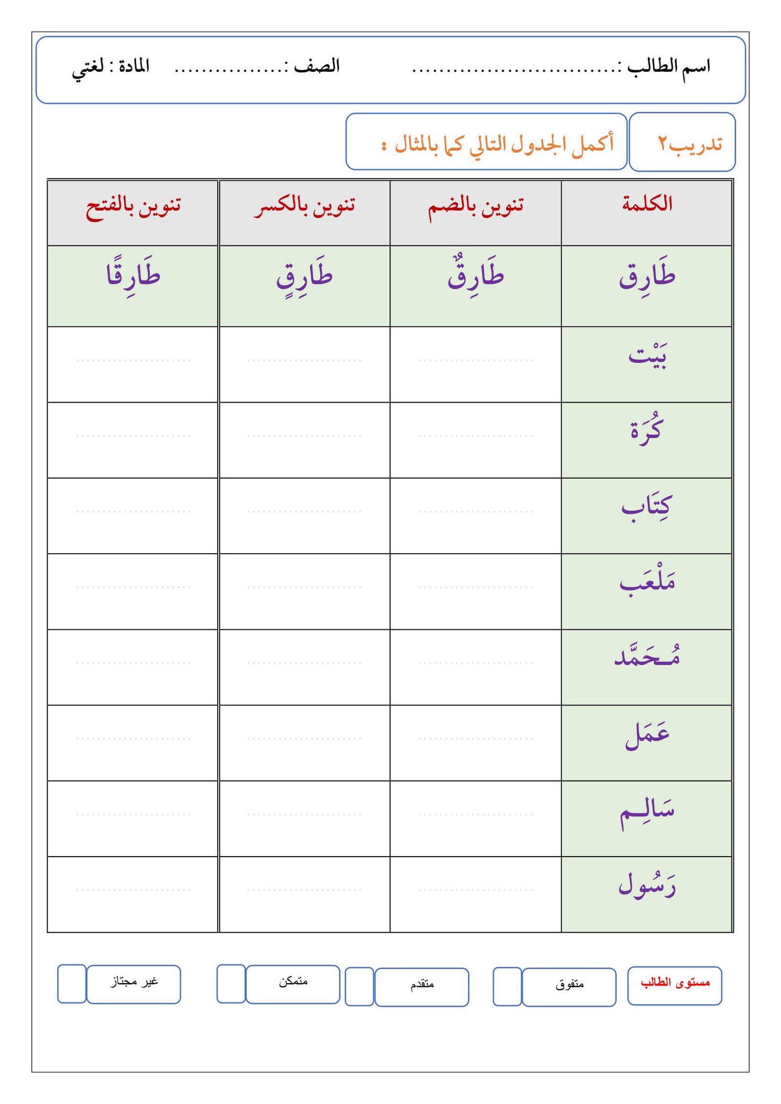 أوراق عمل التنوين بأنواعه تنوين الفتح والضم والكسر ناصر مختار PDF