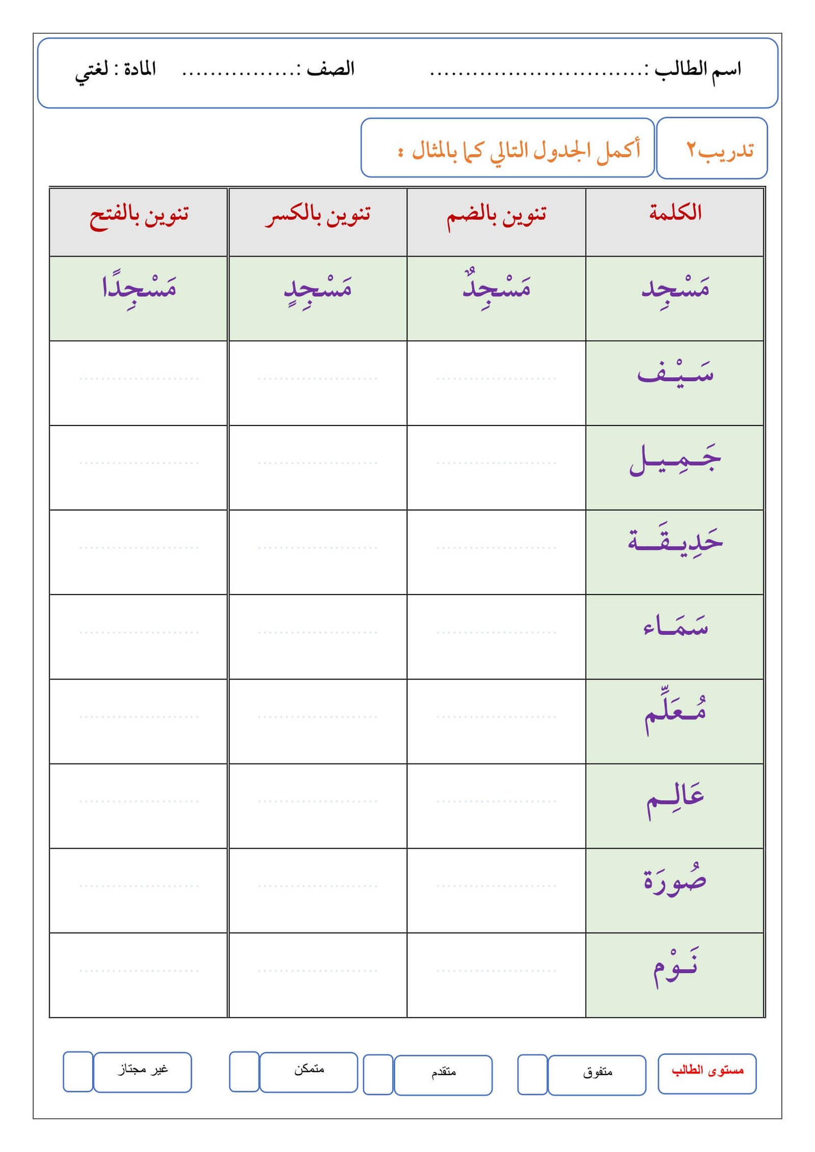 أوراق عمل التنوين بأنواعه تنوين الفتح والضم والكسر ناصر مختار PDF