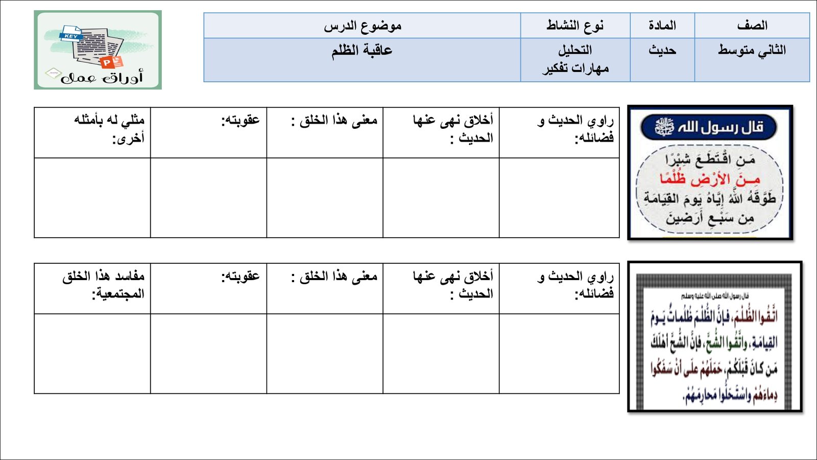 أوراق عمل لمادة التربية الإسلامية الصف ثاني متوسط الفصل الدراسي الثالث أوراق عمل لمادة التربية الإسلامية الصف ثاني متوسط الفصل الدراسي الثالث