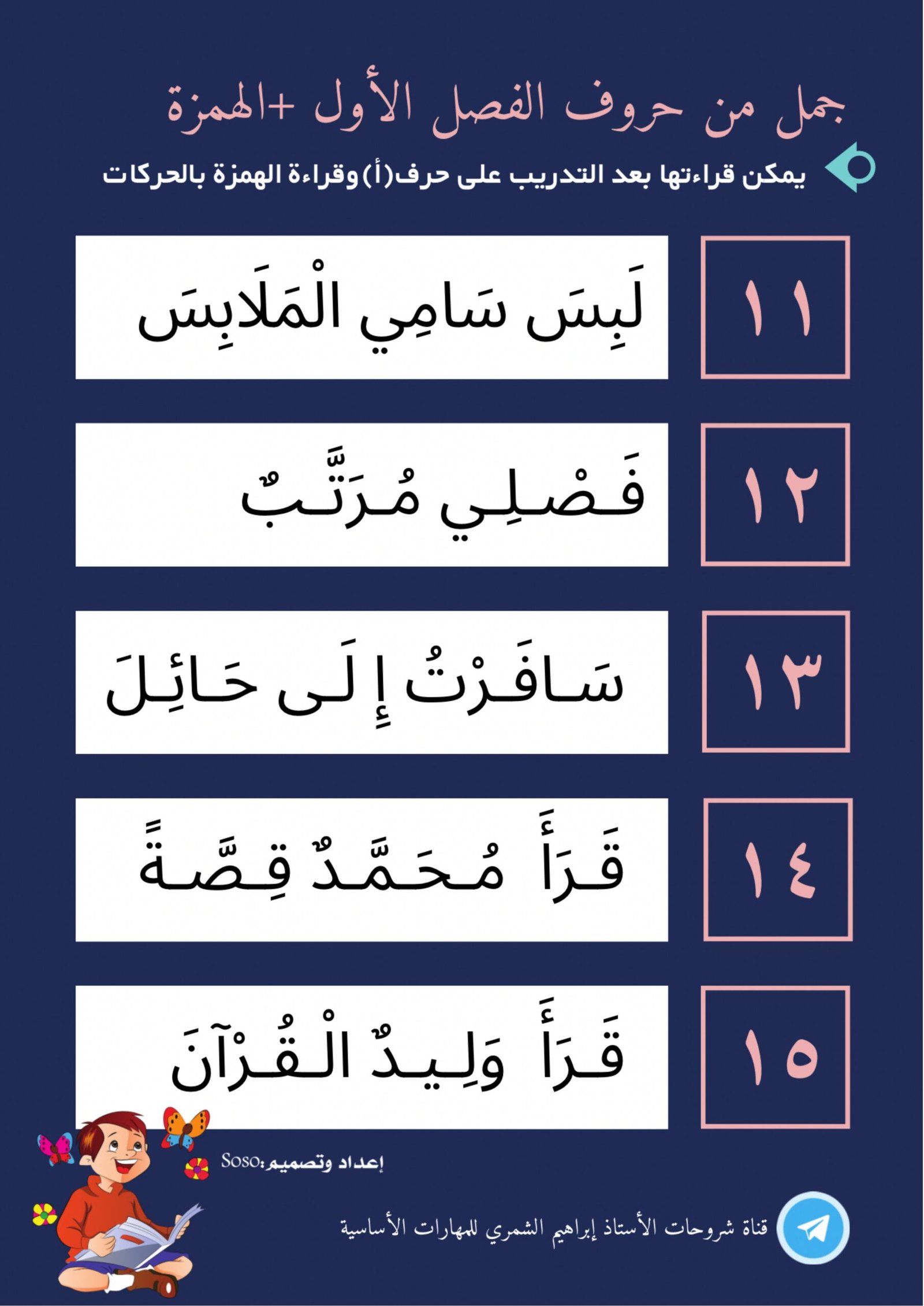 تعلم القراءة: جمل من حروف الفصل الأول مع الهمزة pdf تحميل مجاني