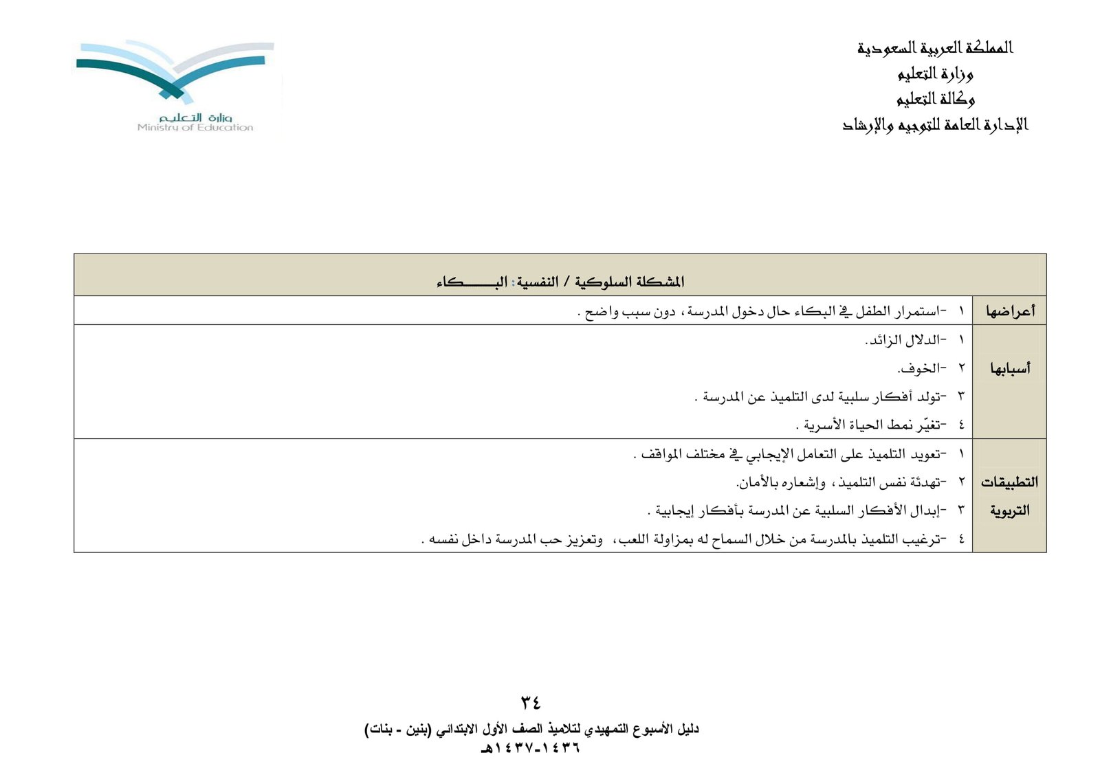 دليل الأسبوع التمهيدي لتلاميذ الصف الأول الابتدائي pdf تحميل مجاني