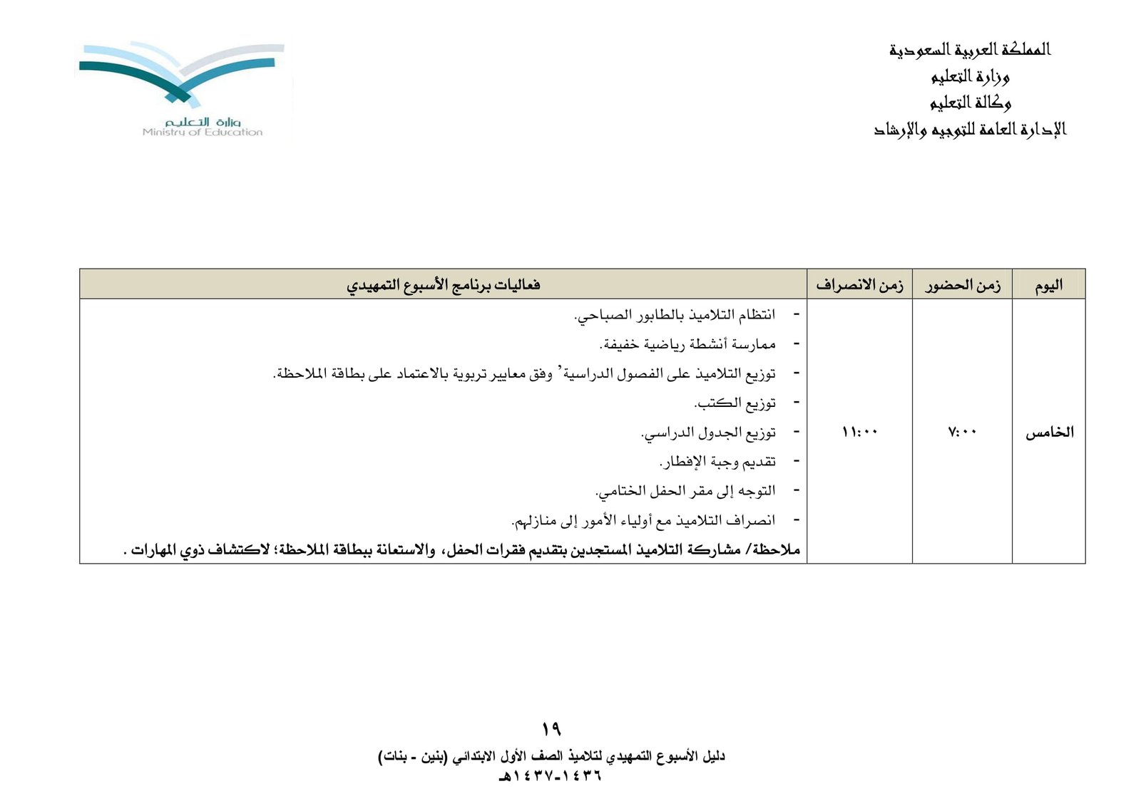 دليل الأسبوع التمهيدي لتلاميذ الصف الأول الابتدائي pdf تحميل مجاني