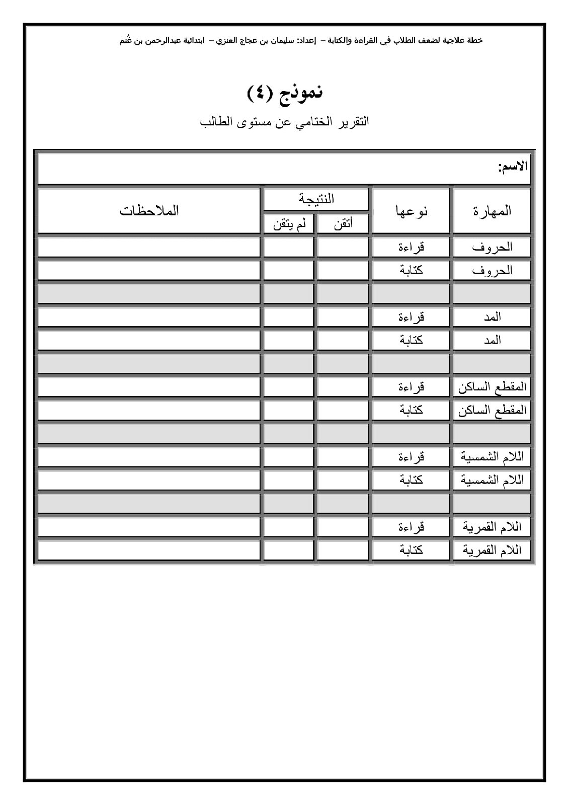 مذكرة خطة علاجية لضعف الطلاب في القراءة والكتابة مذكرة خطة علاجية لضعف الطلاب في القراءة والكتابة