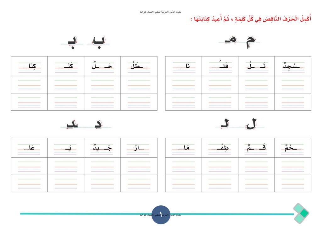 تدريبات إكمال الحرف الناقص وكتابته في الكلمات PDF
