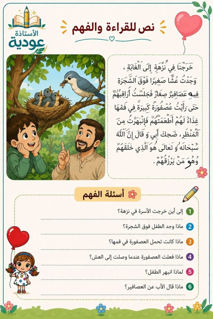 نص العصفورة وصغارها لتدريب الأطفال على القراءة والفهم