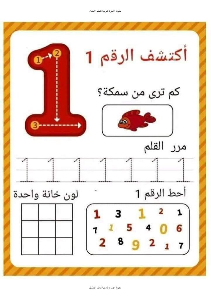 أوراق عمل الأرقام من 1 إلى 9 للأطفال بالعد والتتبع والتلوين PDF