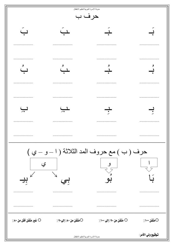 تدريبات كتابة الحروف العربية وأشكالها مع حروف المد والتقييم PDF