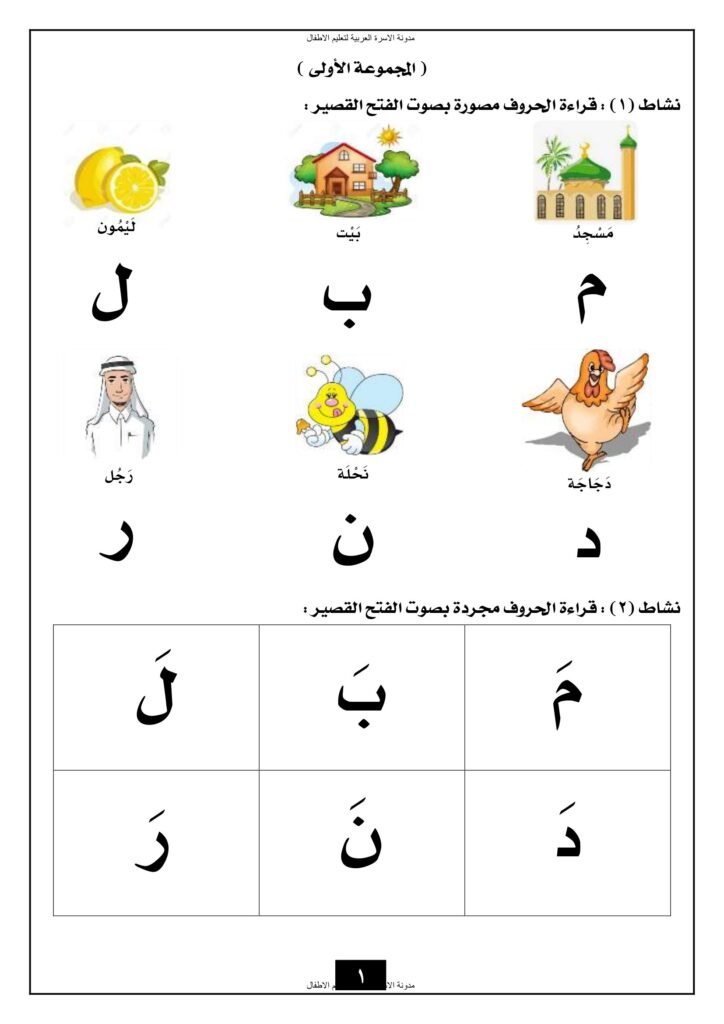 مذكرة قراءة الحروف الهجائية كاملة بصوت الفتح القصير والكلمات PDF