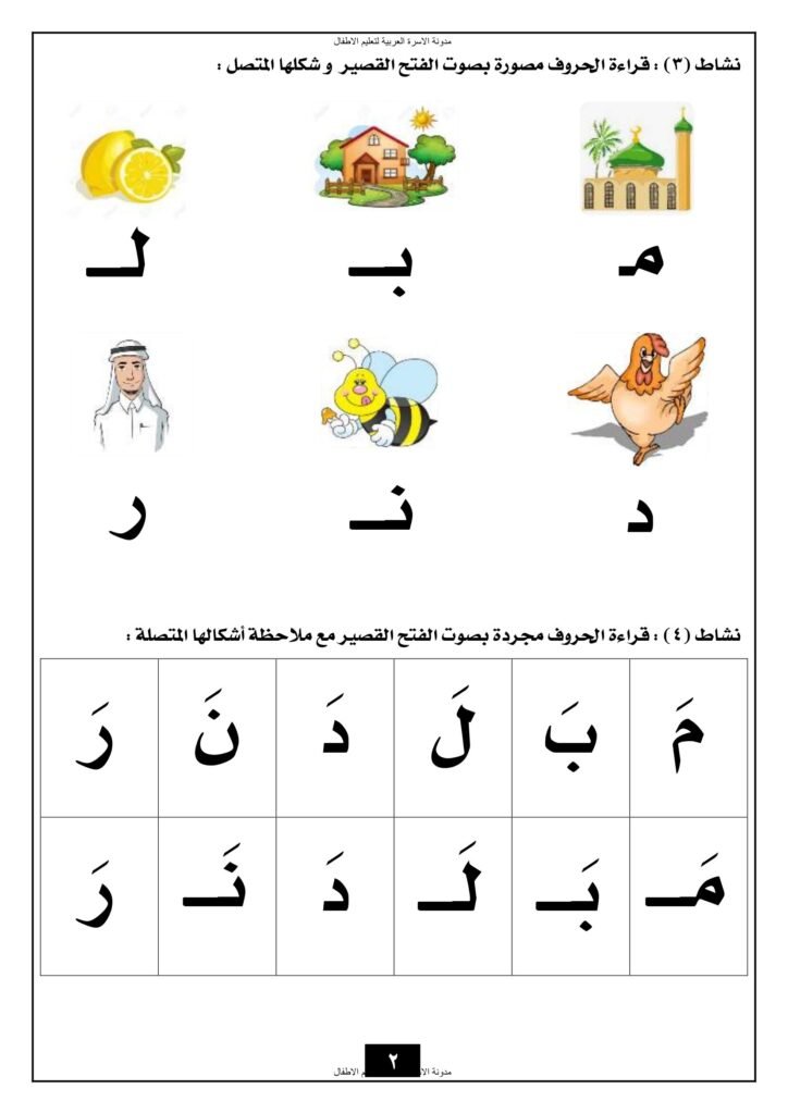 مذكرة قراءة الحروف الهجائية كاملة بصوت الفتح القصير والكلمات PDF