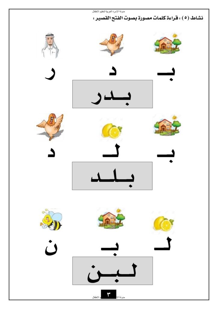 مذكرة قراءة الحروف الهجائية كاملة بصوت الفتح القصير والكلمات PDF