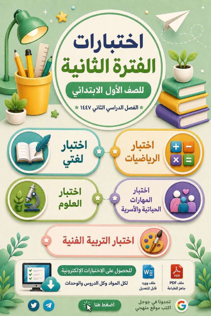 نماذج اختبارات الفترة الثانية الفصل الدراسي الثاني 1447 PDF وWord – الابتدائي والمتوسط