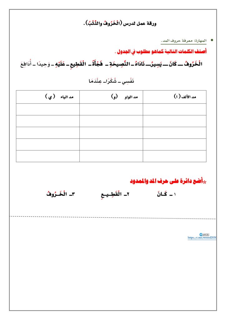 ورقة عمل حروف المد من درس الخروف والذئب PDF – المد بالألف والواو والياء