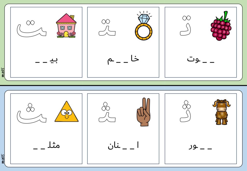 مواضع الحروف للأطفال PDF: 84 بطاقة مصورة لإكمال الحرف الناقص