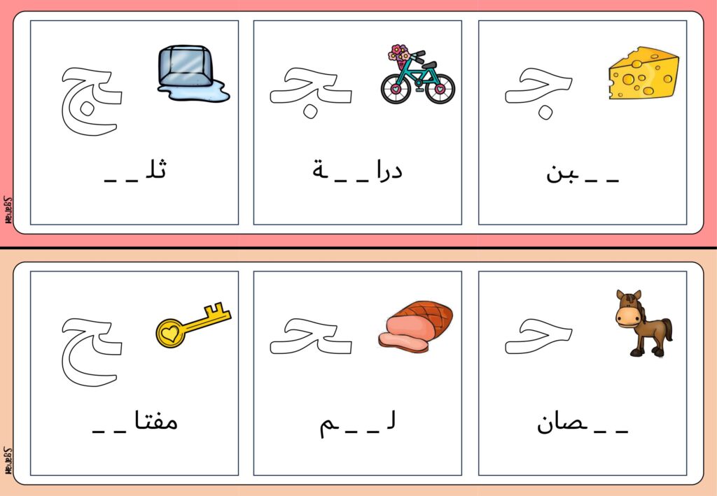 مواضع الحروف للأطفال PDF: 84 بطاقة مصورة لإكمال الحرف الناقص