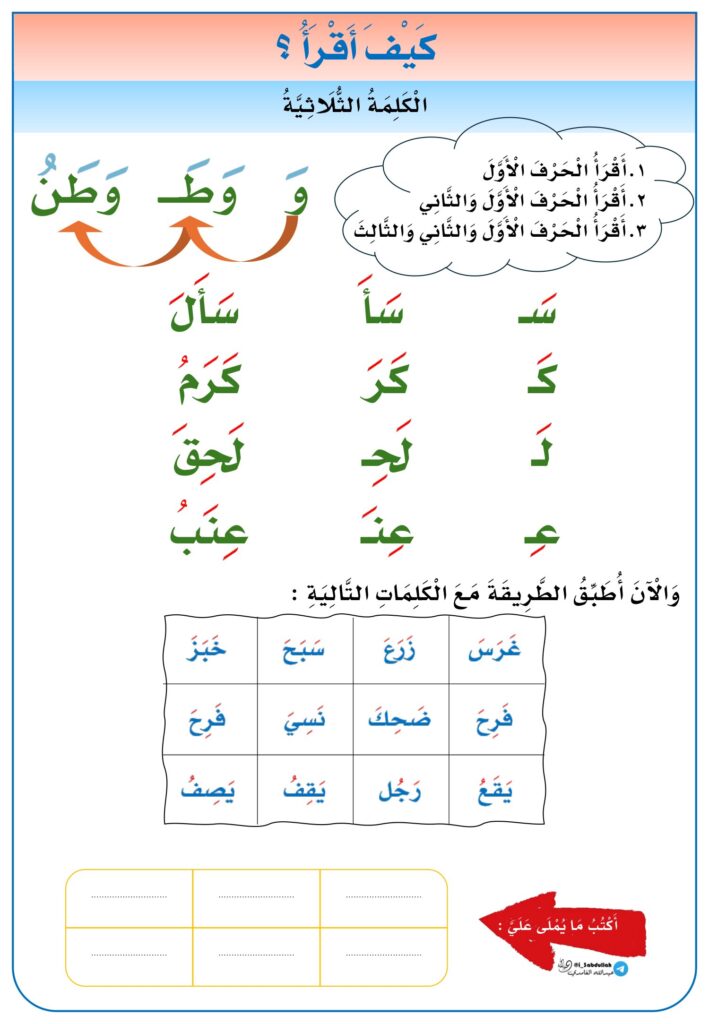 كتيب كيف أقرأ لتأسيس القراءة: الكلمة الثلاثية والمد والمقطع الساكن