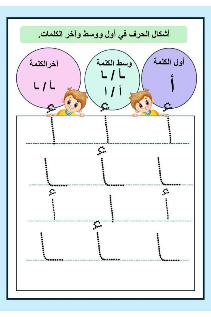 تحميل تدريبات حروف الوحدة الثالثة PDF: كتابة أ ط ز و ج ش بالتنقيط