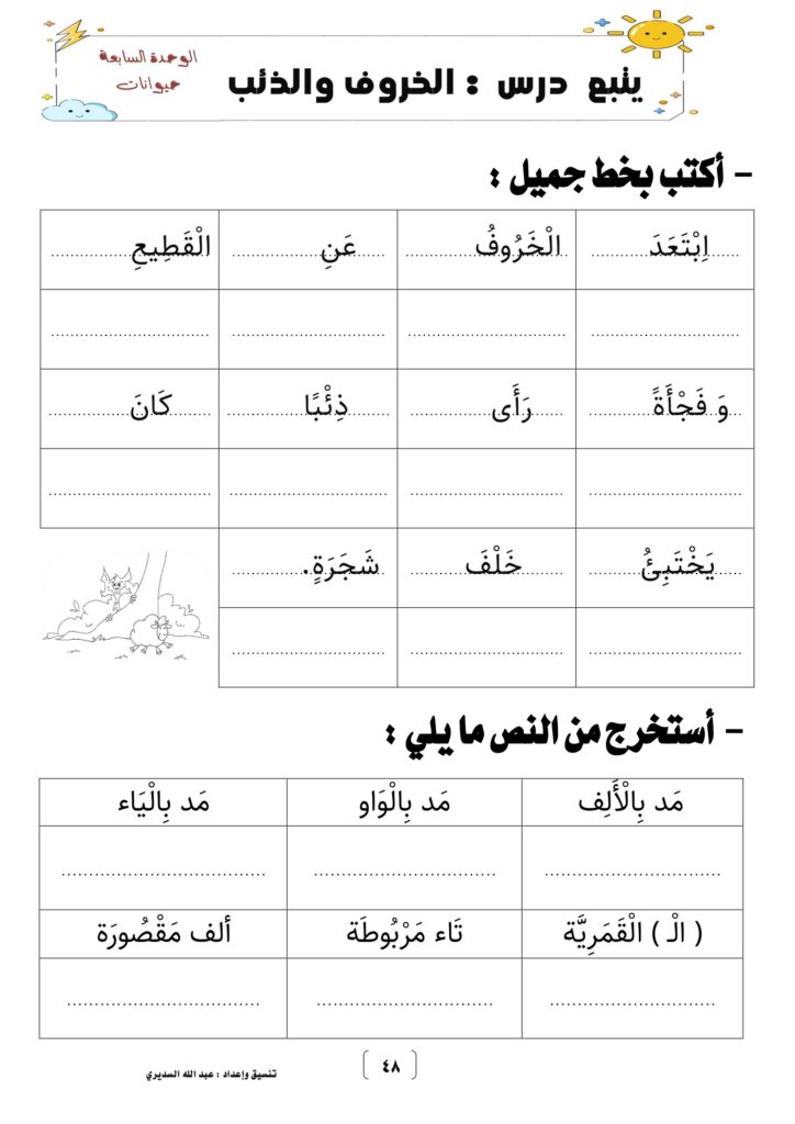 تحميل درس الخروف والذئب عبد الله السديري PDF: 5 صفحات للكتابة والتدريب