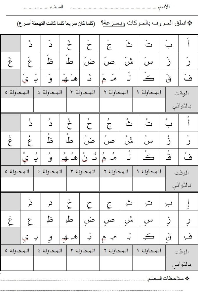 تحميل ورقة مراجعة الحروف الهجائية PDF بالحركات الثلاث وجدول متابعة القراءة