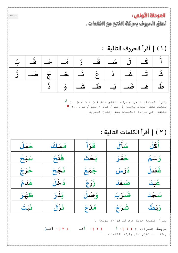 تحميل حروف وكلمات بحركة الفتح PDF.. 4 صفحات لتأسيس القراءة والكتابة