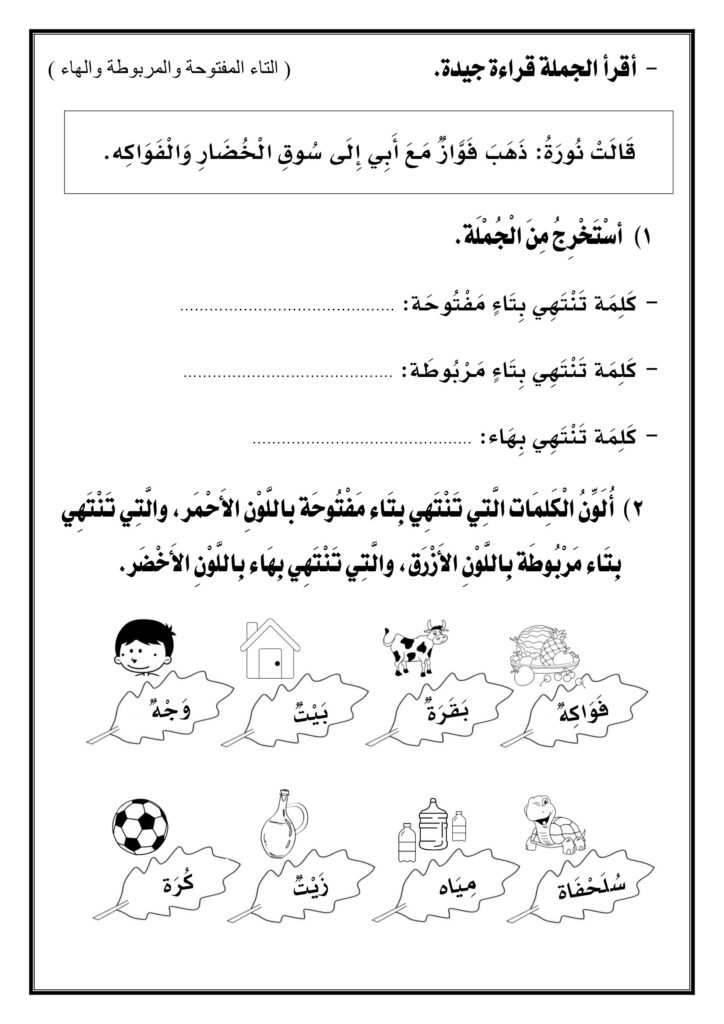 تحميل ورقة عمل التاء المفتوحة والمربوطة والهاء PDF.. 4 أنشطة مصورة لتثبيت الفرق
