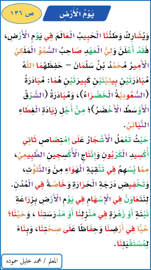تحميل درس يوم الأرض للقراءة PDF.. نص ملون ومشكول في صفحتين
